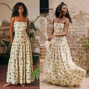 Agua by Agua Bendita Lima Ranas Linen Maxi Dress Embroidered Waist NEW with tag